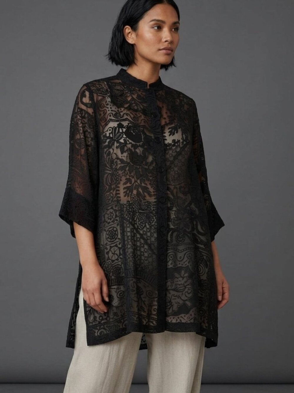 Citron Santa Monica Silk Burnout Velvet Tunic Kimono Sleeve 1X Black Floral Boho
